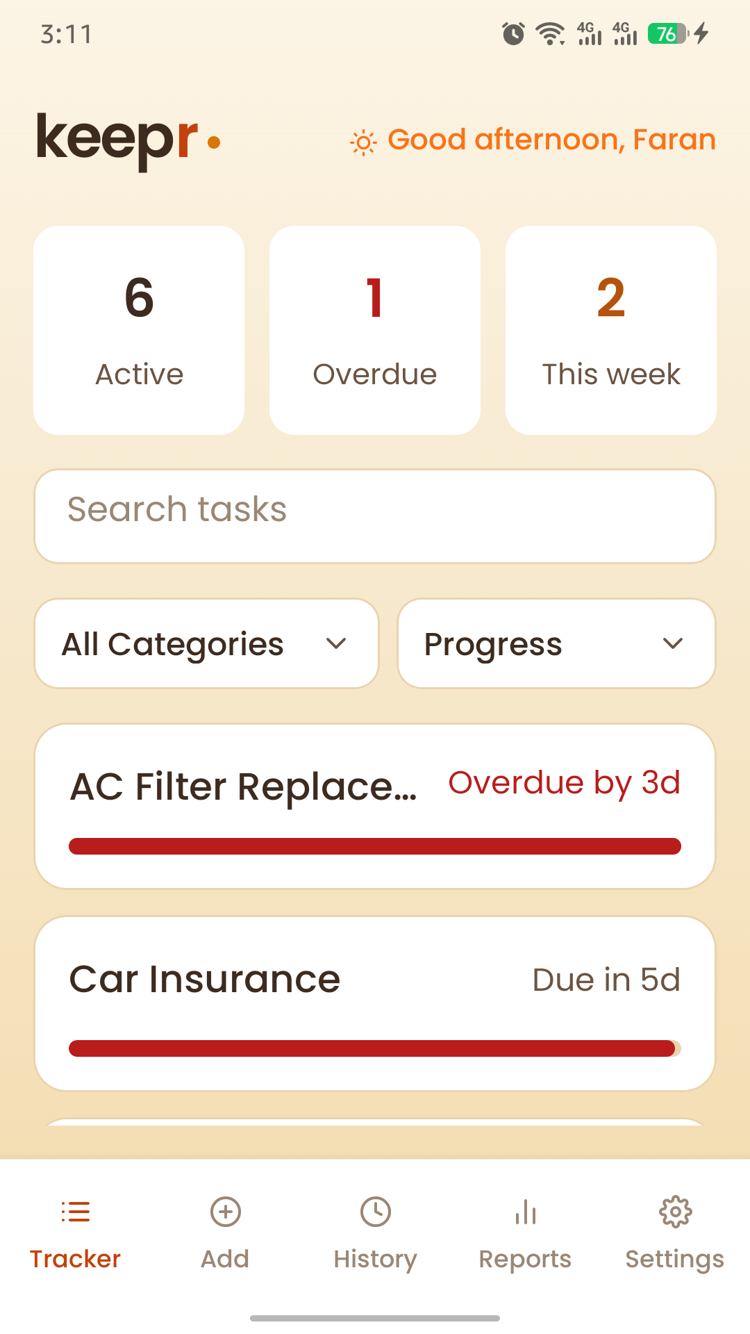 Tracker screen, light theme