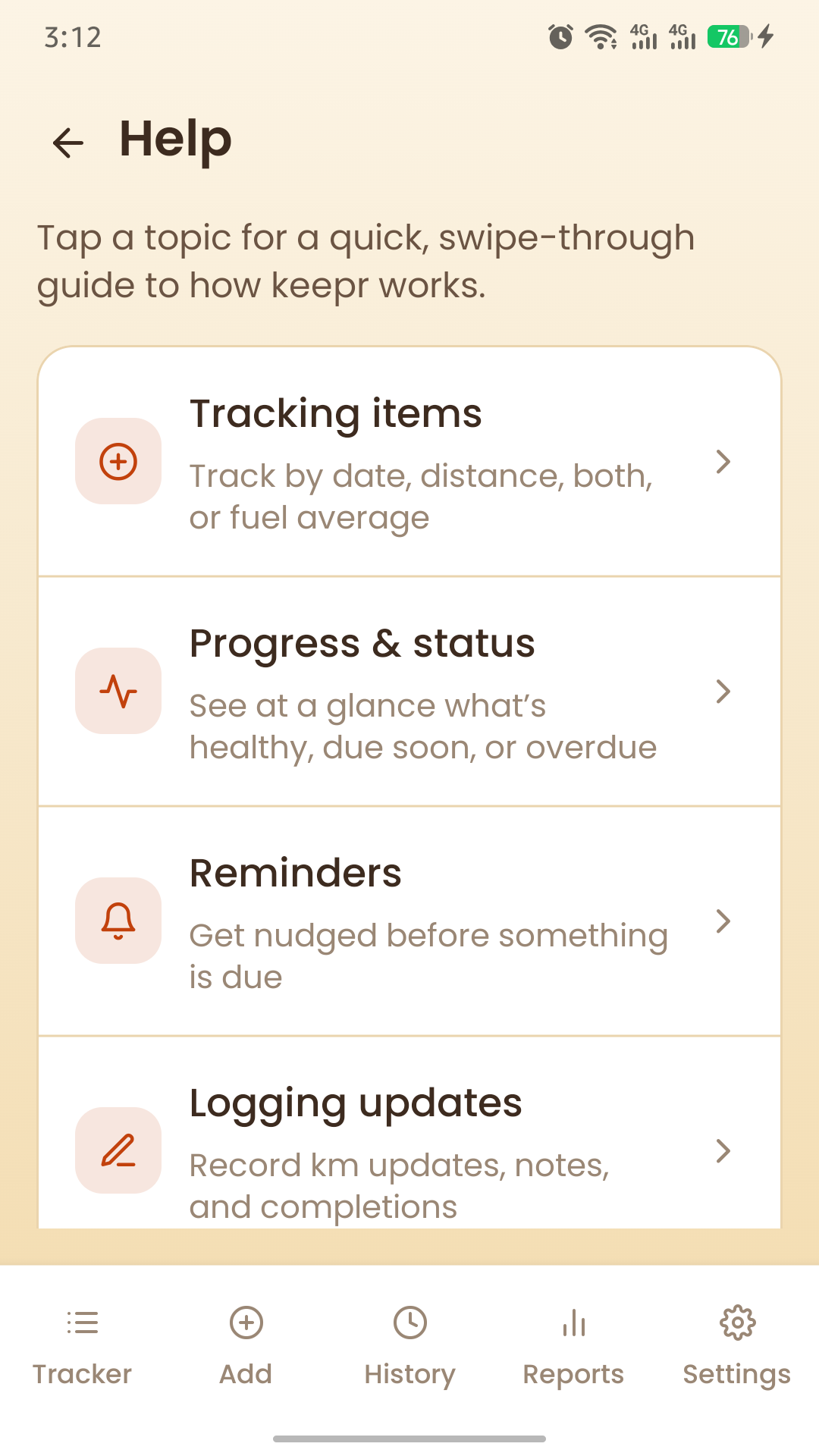 Help screen, light theme